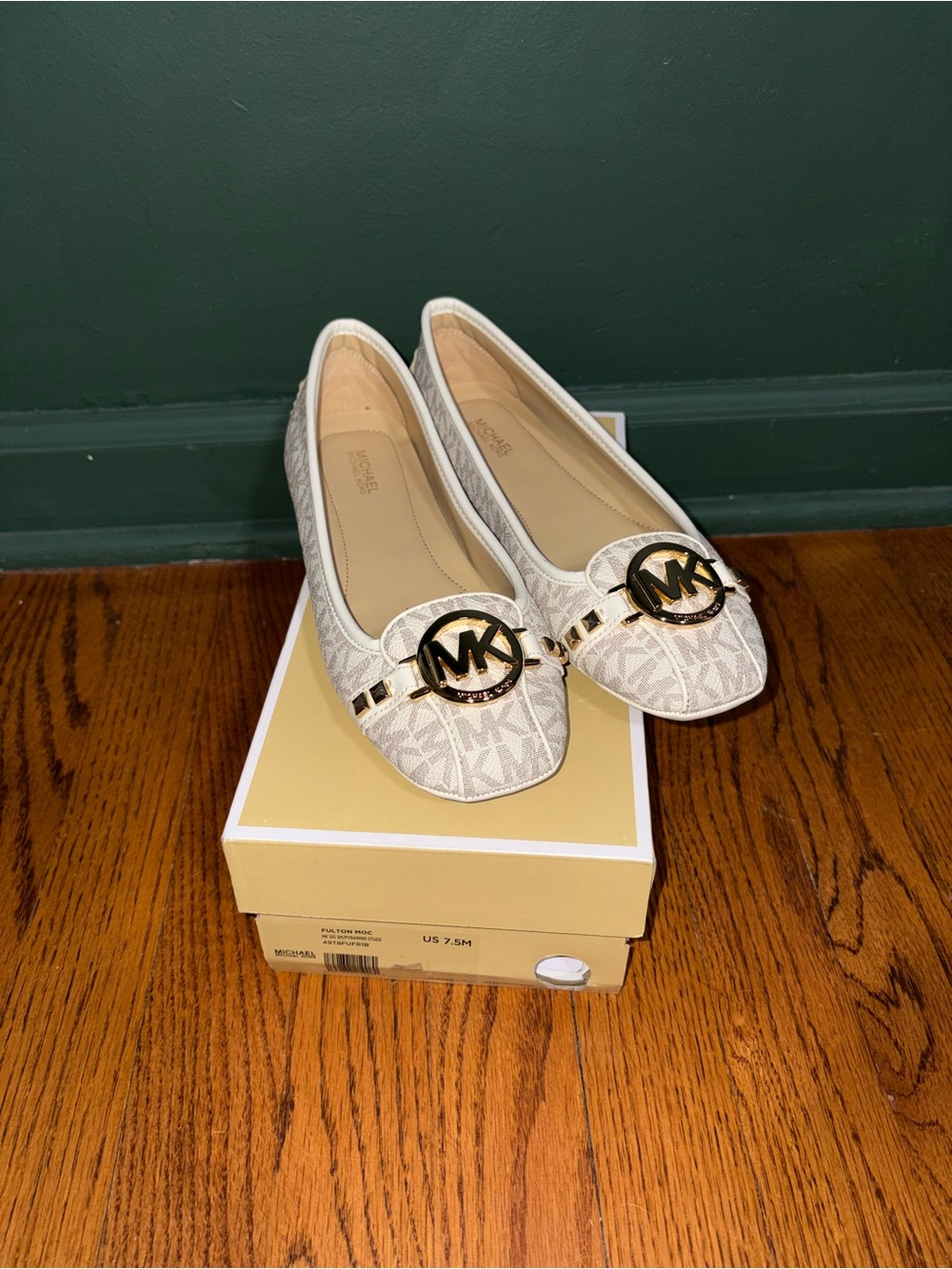 Michael Kors Women's White Logo Ballet Flat with Gold MK Accent - Picture 4 of 6